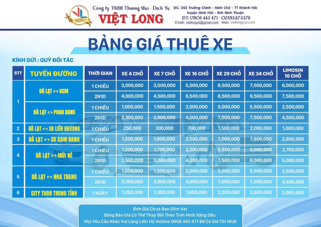 Bảng giá thuê xe có lái Đà Lạt