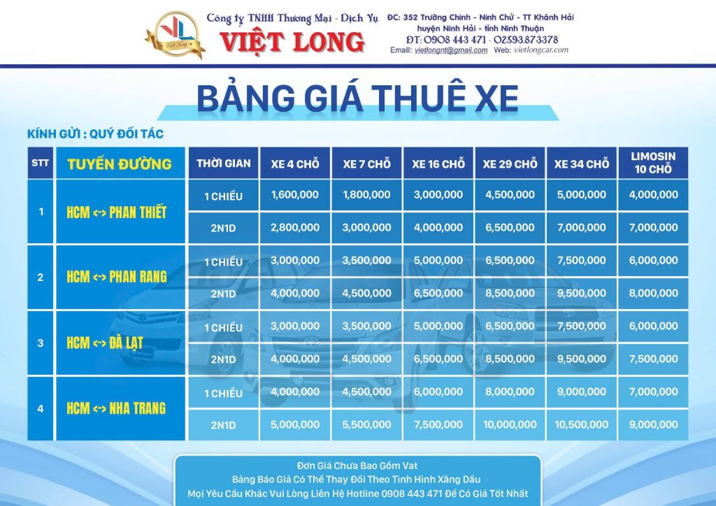 Bảng giá thuê xe có lái Hồ Chí Minh