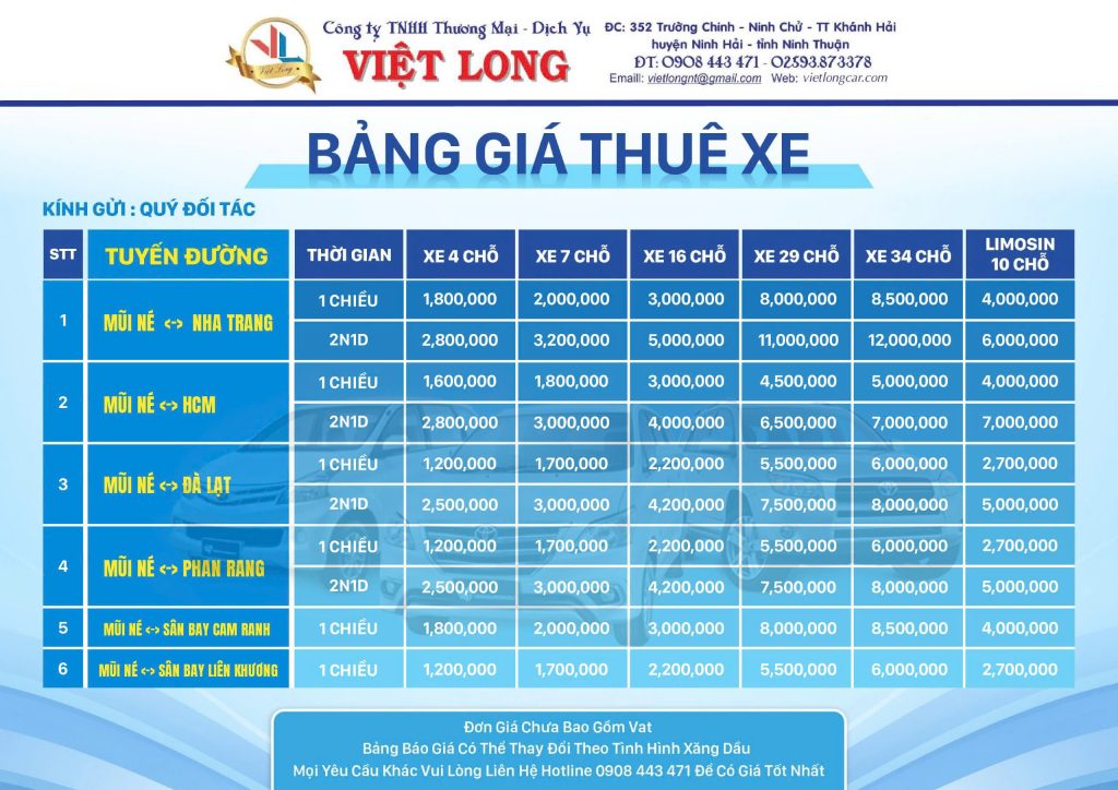 Bảng giá thuê xe có lái Mũi Né