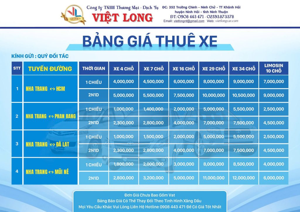 Bảng giá thuê xe có lái Nha Trang